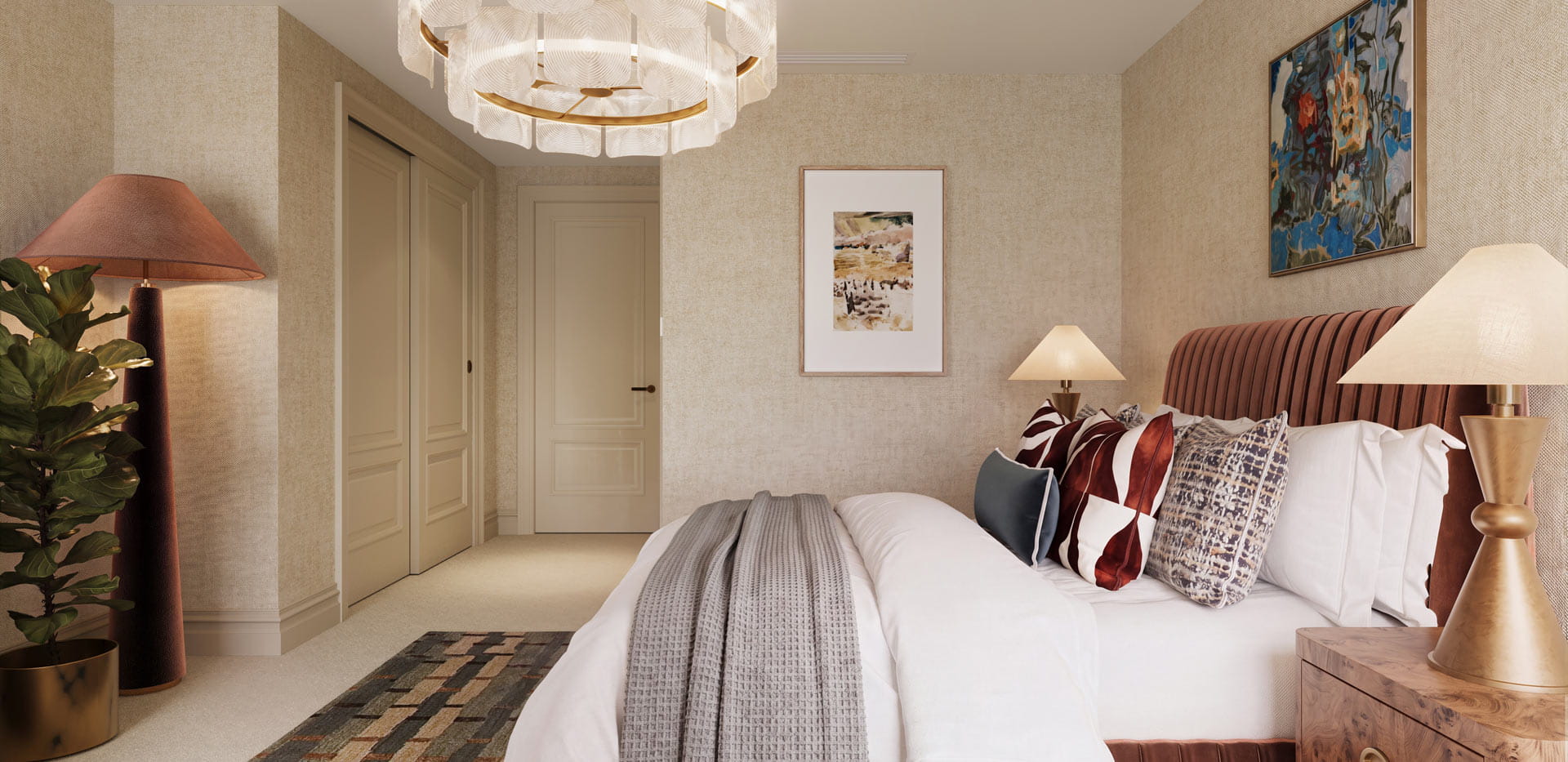 Double bed with contemporary design, rug beneath, bedside tables and wall hanging.