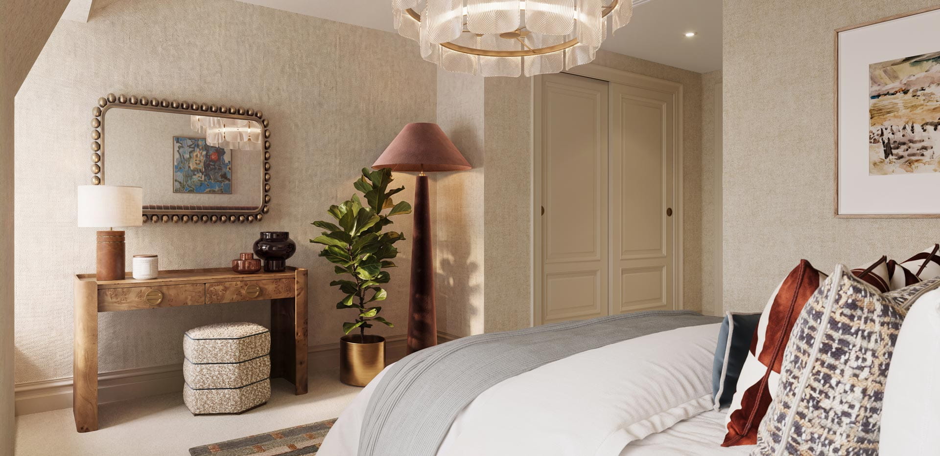 Double bed with contemporary design, angled ceiling above, vanity table and wall mirror.