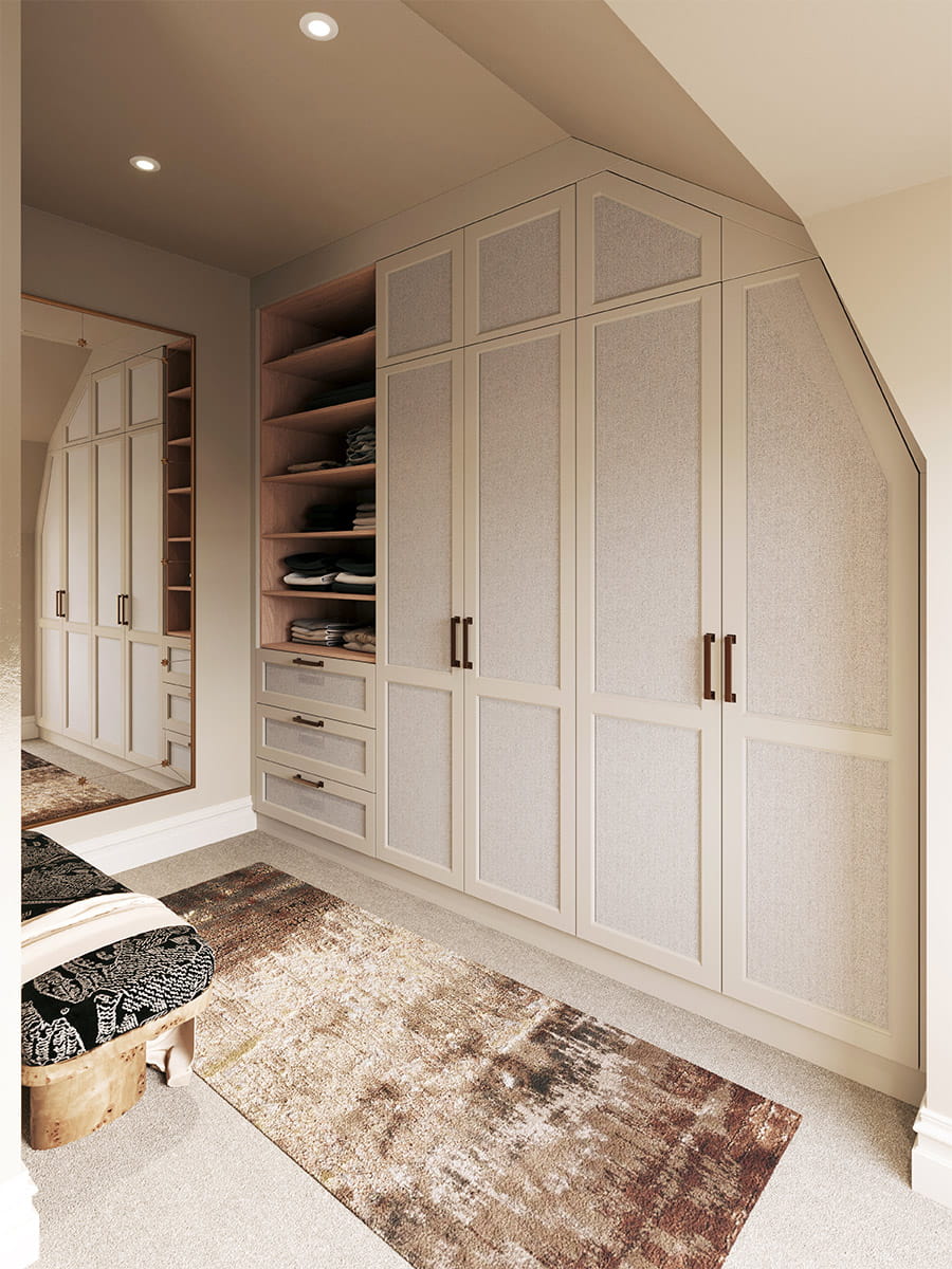 Walk-in wardrobe with white panels, rug and shelving for shoes.