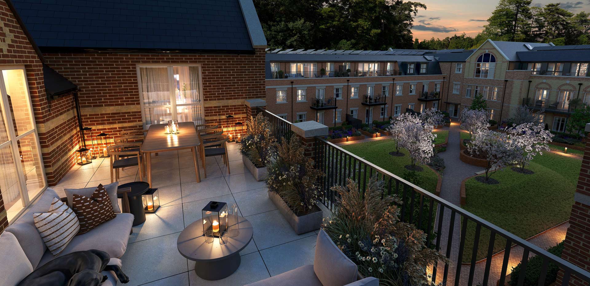 Balcony with garden furniture overlooking courtyard