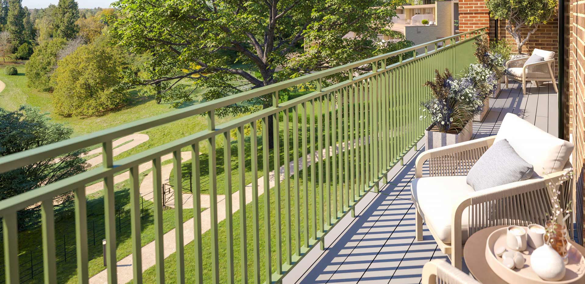 Balcony with garden furniture overlooking landscaped garden