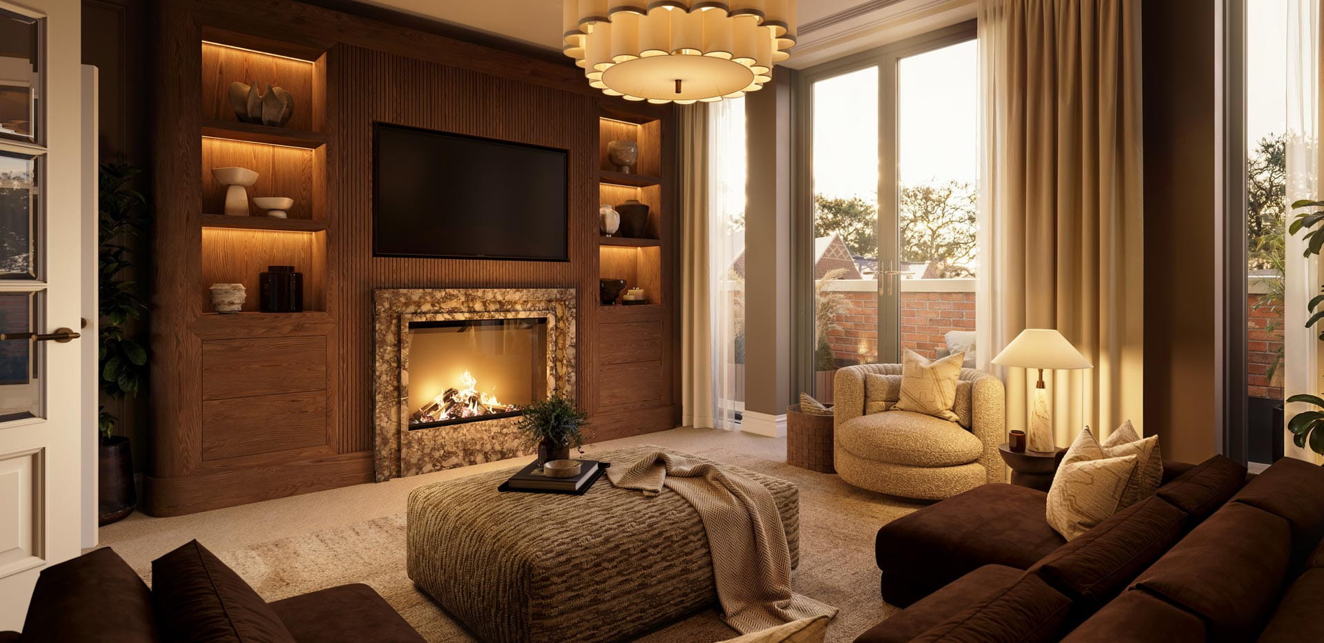 Living space with sofa, coffee table, fireplace, wall mounted TV, decorated in yellow and brown