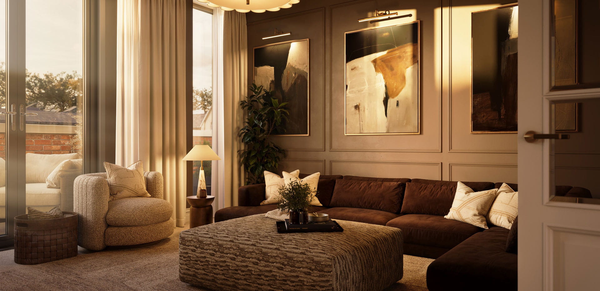 Living space with sofa, coffee table, fireplace, wall hangings, decorated in yellow and brown