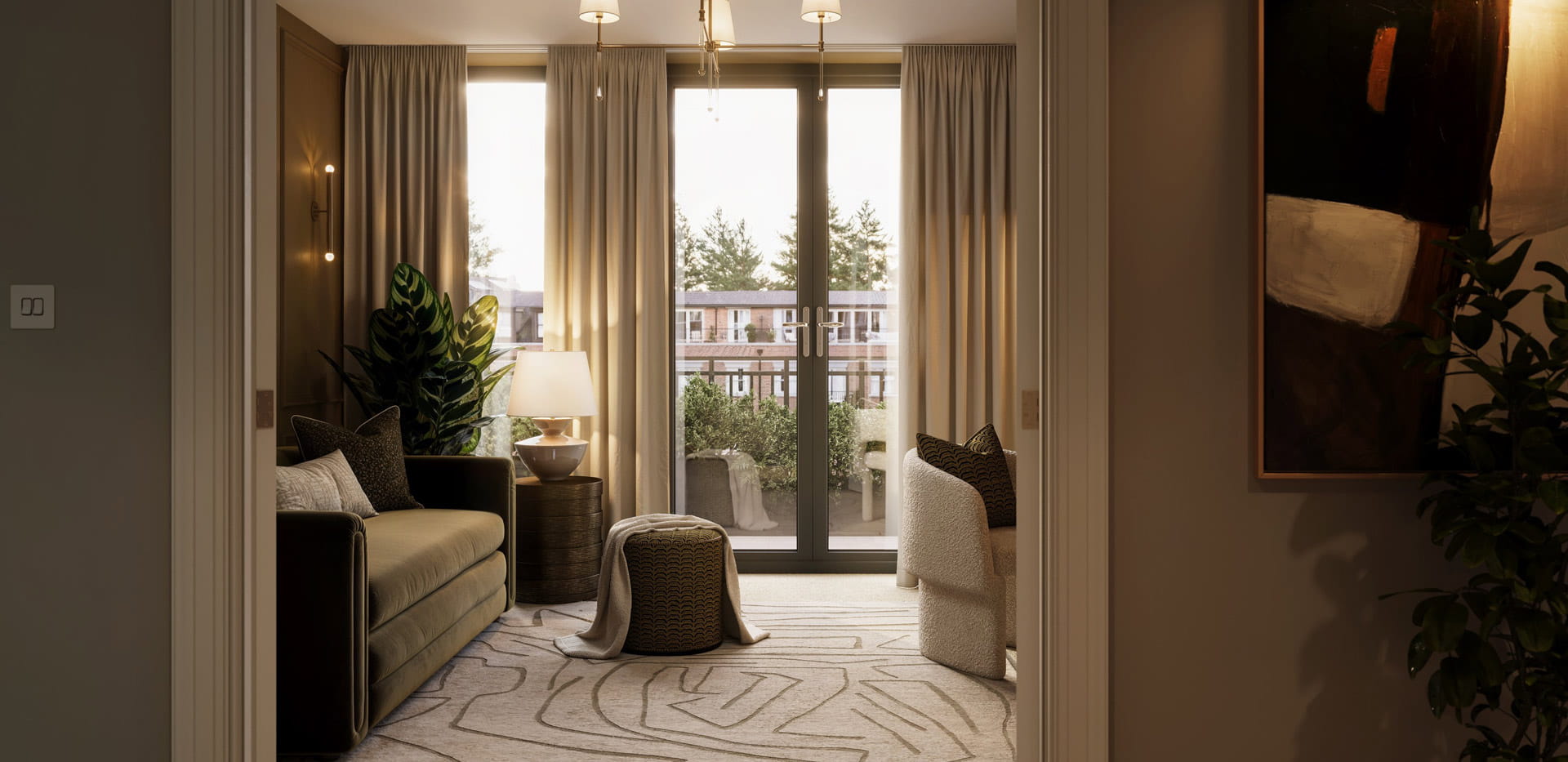 View into a living room, with ample natural light