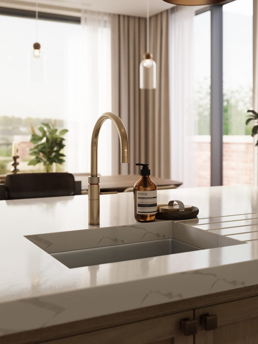 Closeup of a sink with marble design countertop