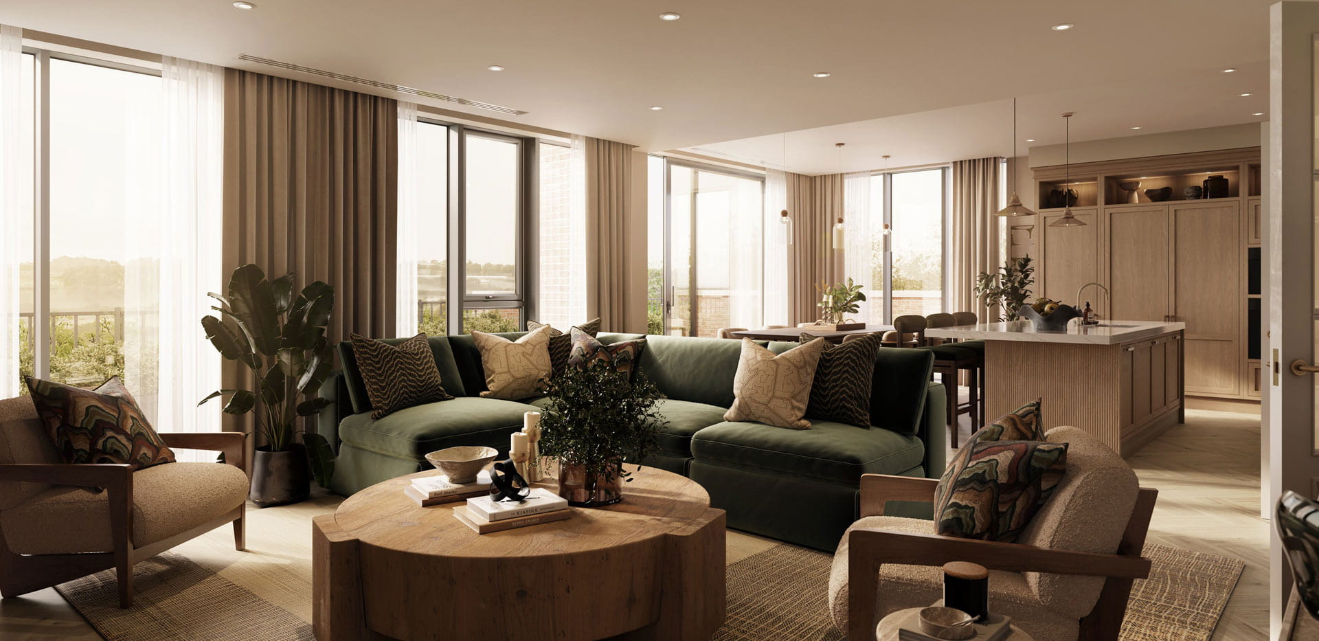 Living space with armchairs, wooden rounded coffee table, kitchen in background