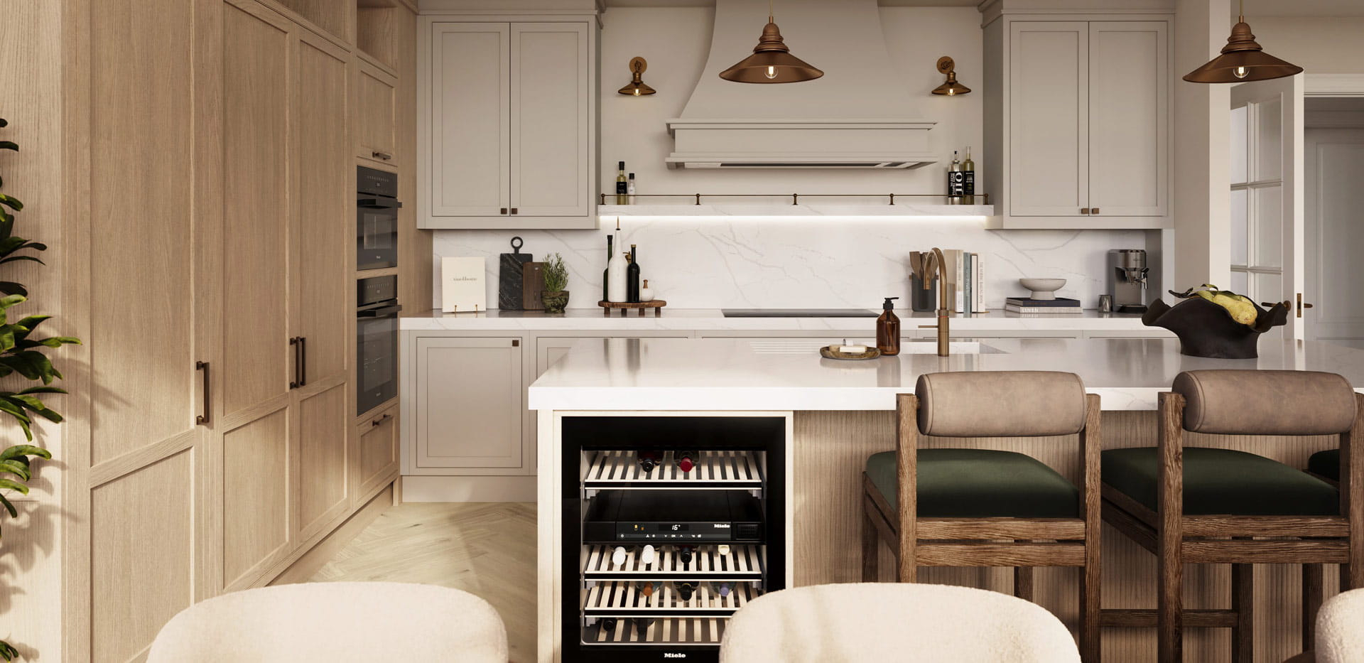 Kitchen with breakfast island and wine fridge