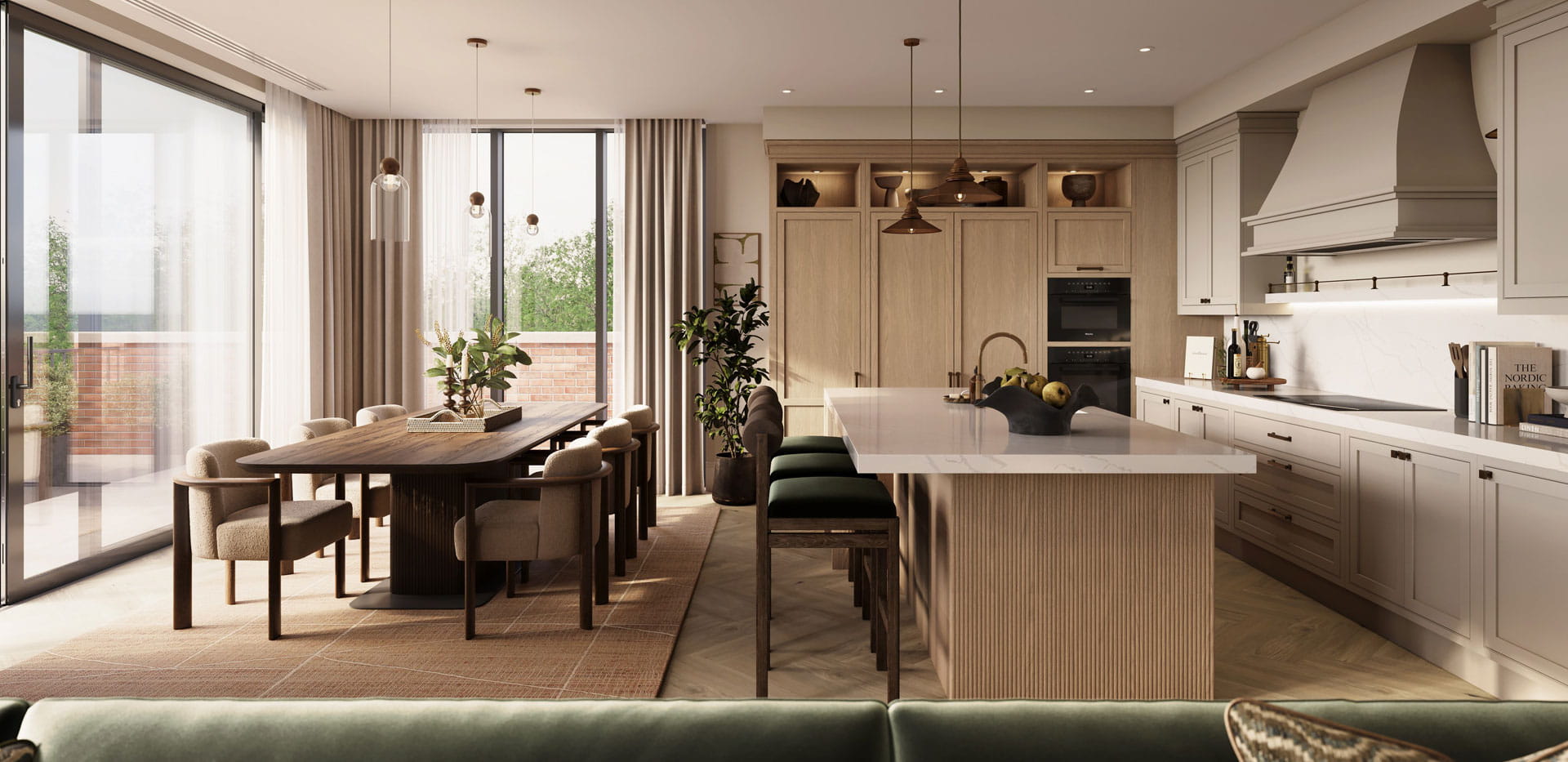 Kitchen with white and brown design palette, breakfast island, dining table behind