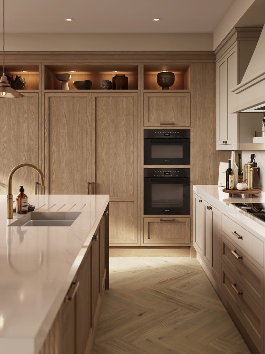 Separate breakfast island and kitchen worktops, built-in appliances