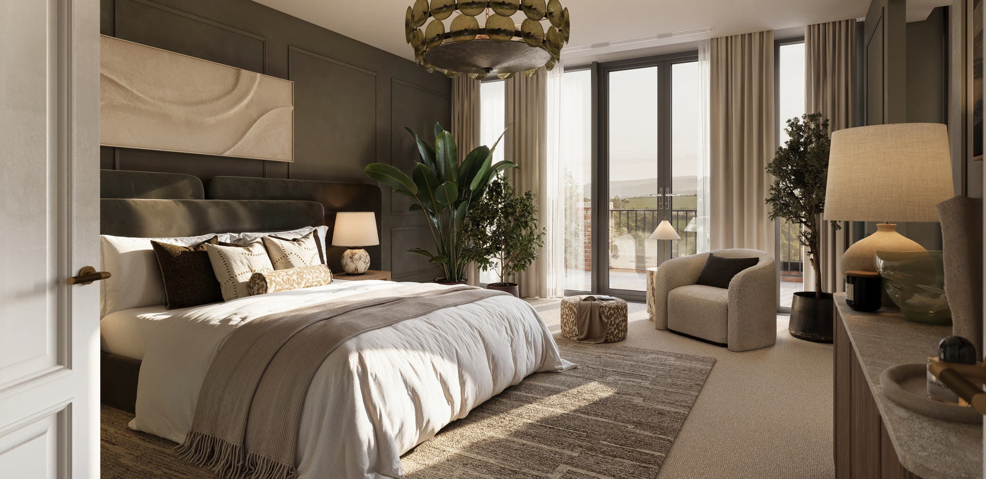 Double bed, indoor plants, armchair, floor to ceiling windows