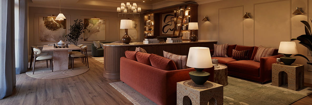 Antique classic style décor with red fabric sofa, dark oak brown upholstery and furnishing.