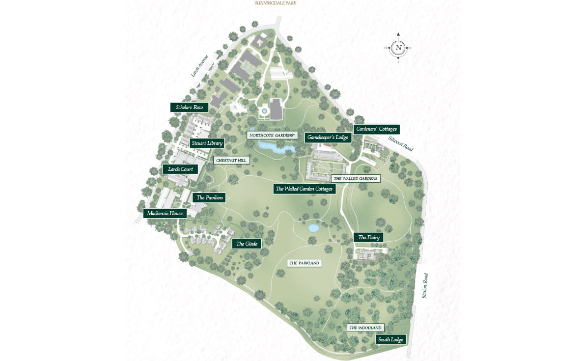 An illustration of the Sunningdale Park development plan with labels