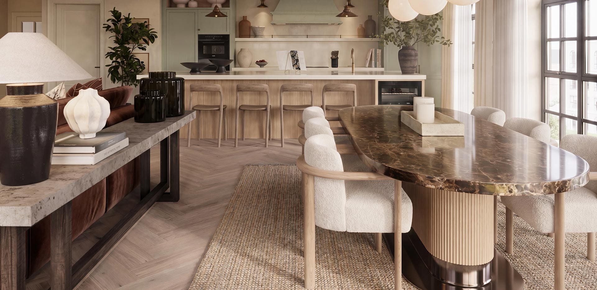 Sunningdale Park, Larch Court penthouse, luxury designed dining space with development views