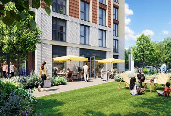 CGI of people lying on a well kept lawn, alfresco dining on a sunny day