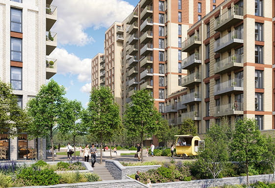 CGI of Sutton Garden Square building facades and landscaped paths in the foreground
