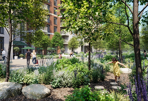 CGI of people enjoying the shade in a landscaped garden