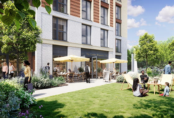 An exterior CGI of a building at Sutton Garden Square showing green space