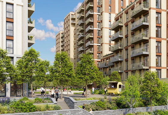 An exterior CGI of the Sutton Garden Square development