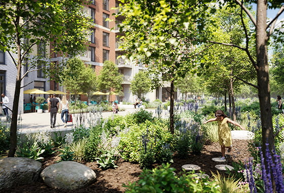 An exterior CGI of the green space available at Sutton Garden Square