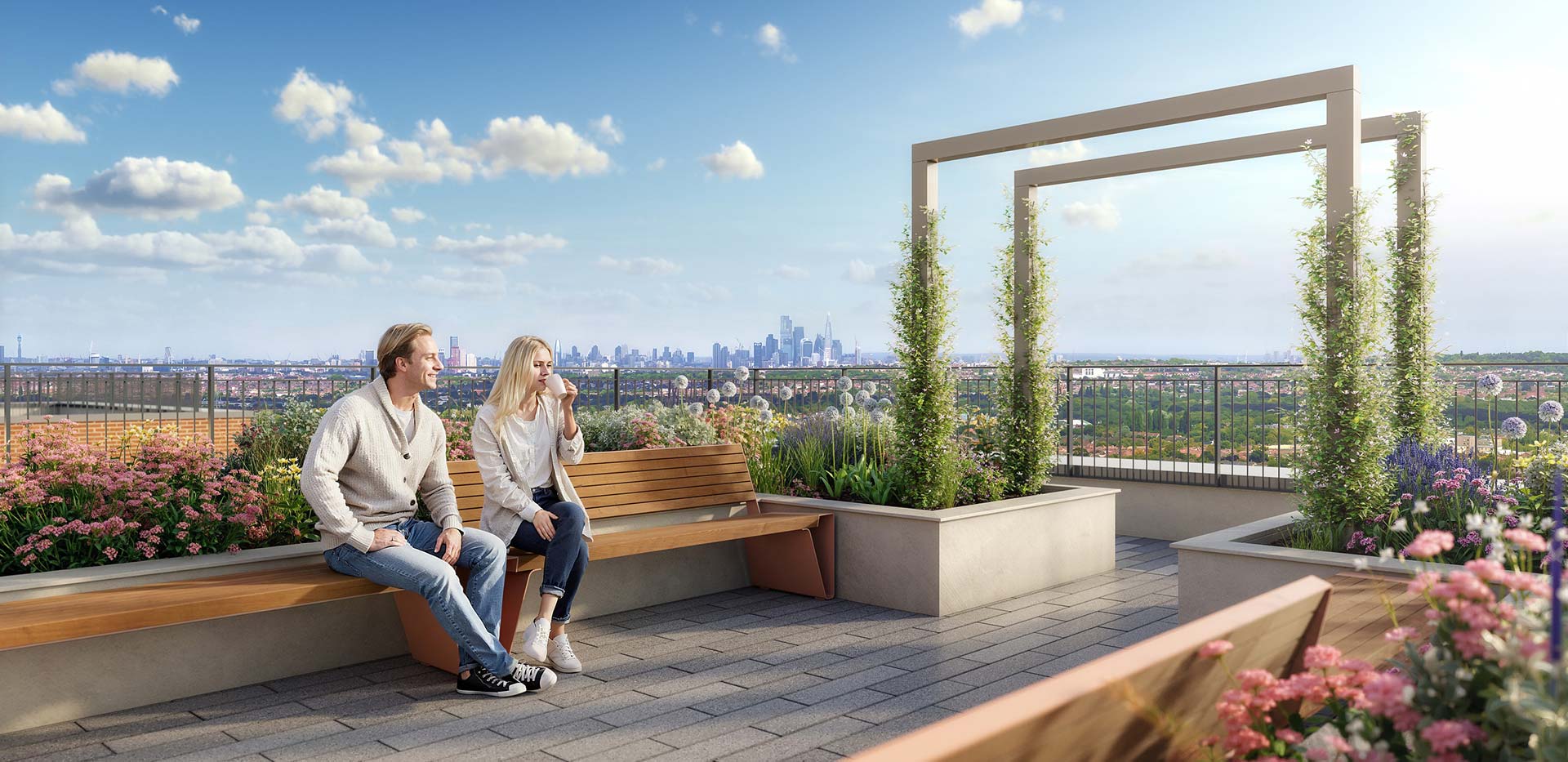 A CGI image of a couple sat on the roof at Sutton Garden Square
