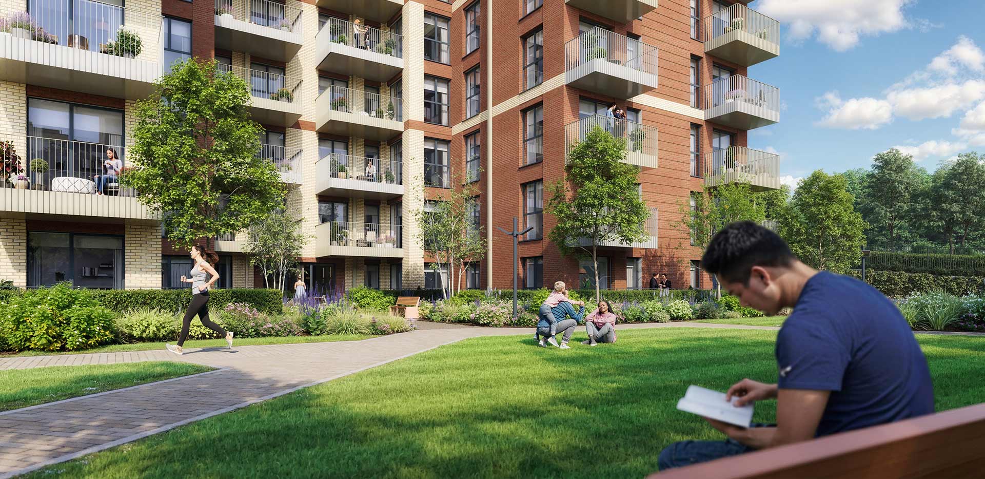 A CGI image of people enjoying the green space at Sutton Garden Square