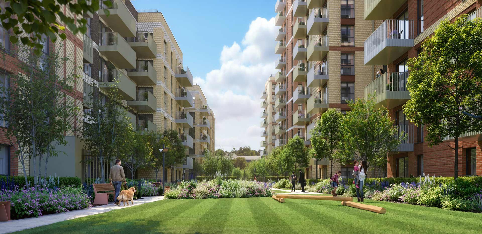 An exterior CGI showing a courtyard and its green space at Sutton Garden Square