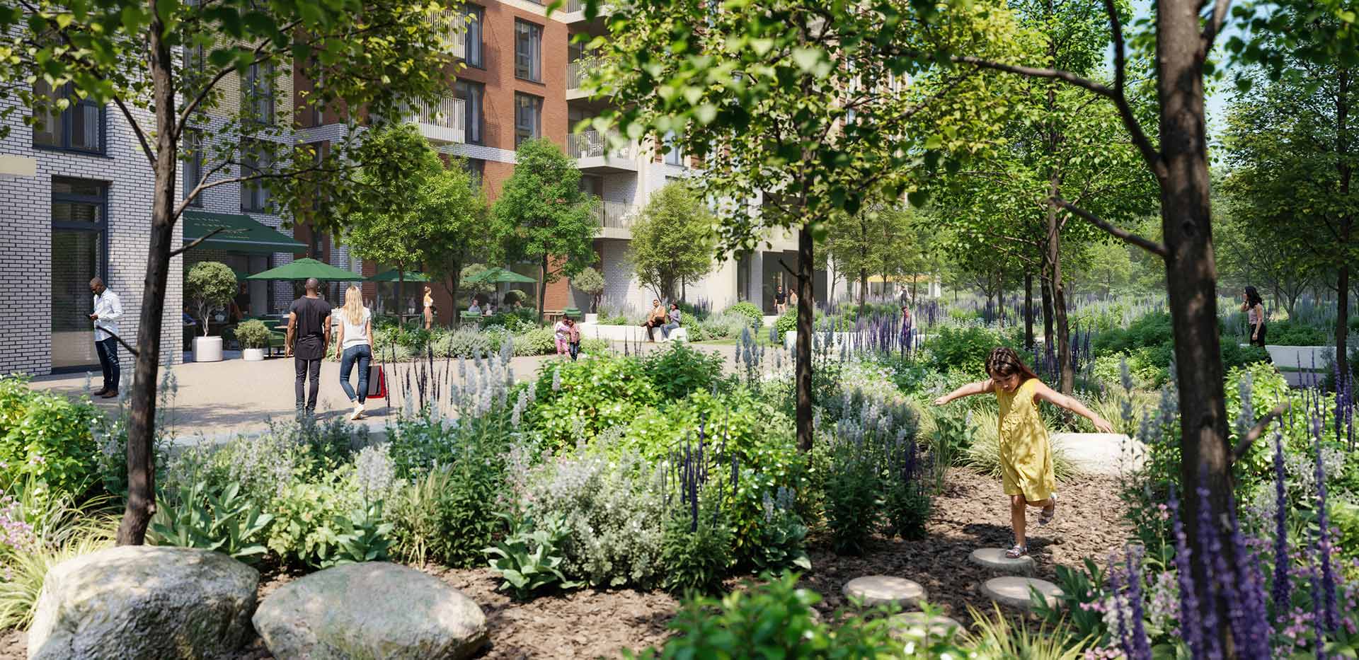 An exterior image of the green space available at Sutton Garden Square