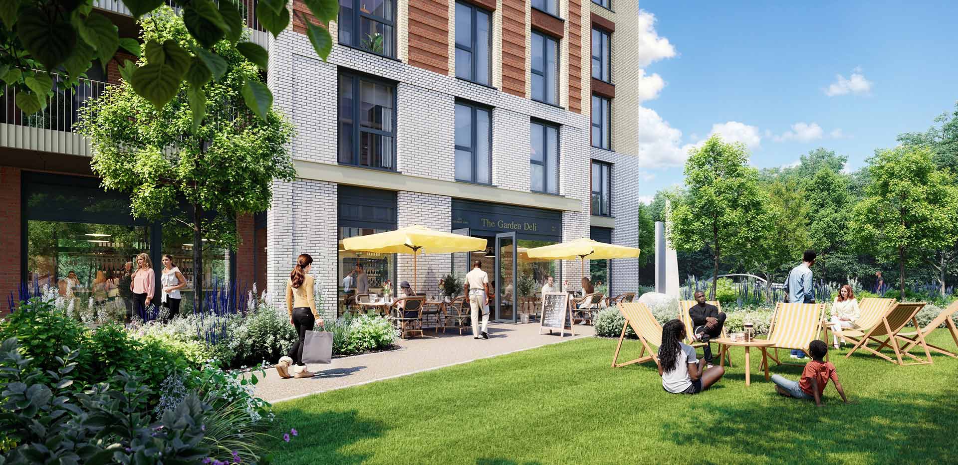 An exterior CGI of a cafe at Sutton Garden Square