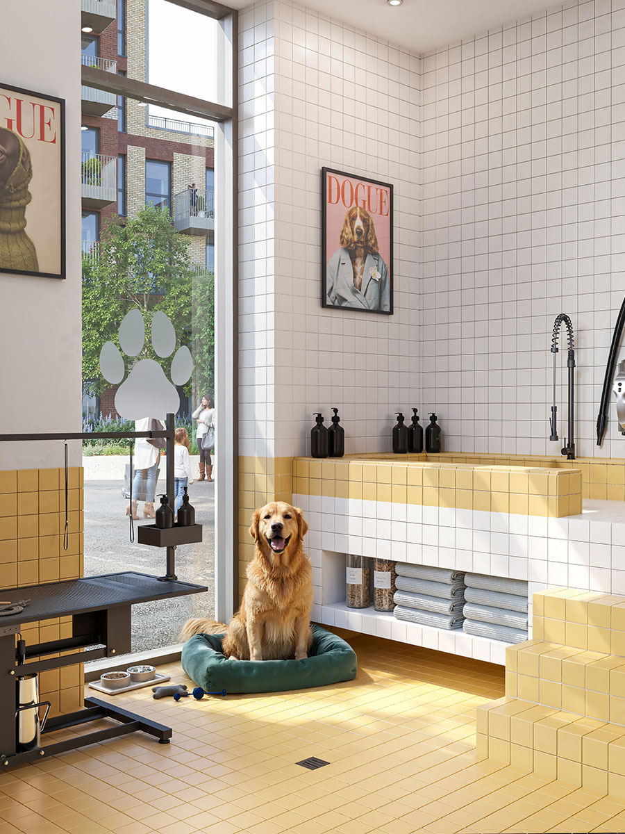 An interior CGI of a pet grooming shop