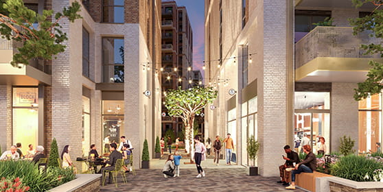 An exterior CGI of a Berkeley Development at night