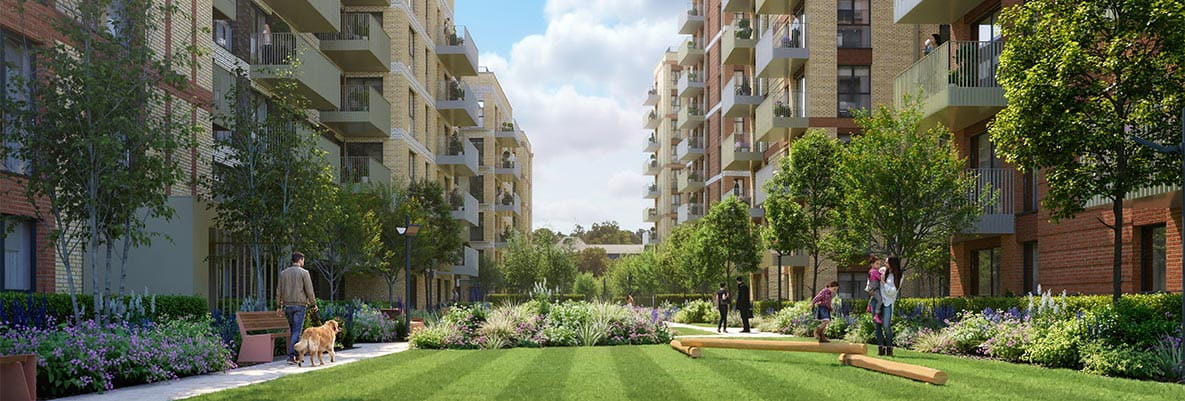An exterior CGI showing a courtyard and its green space at Sutton Garden Square.