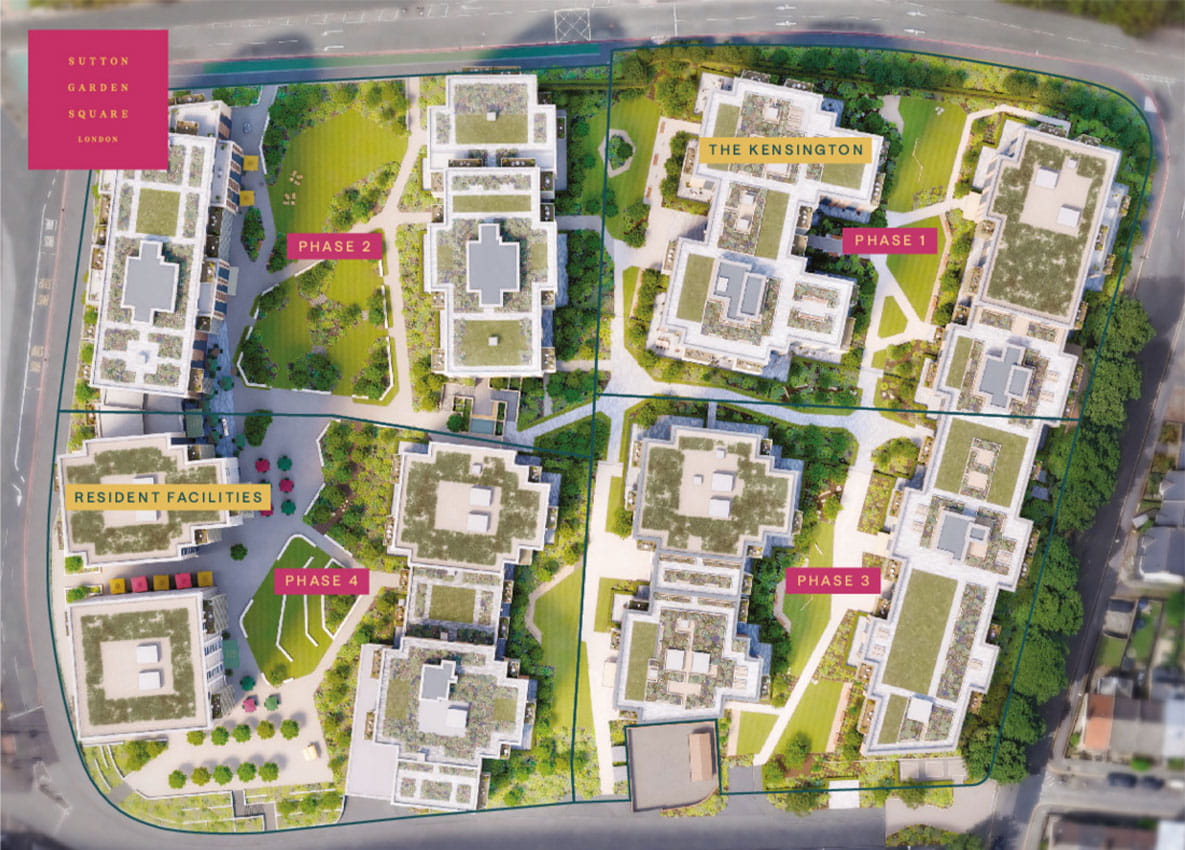 Aerial view of Sutton Garden Square, showing phases marked on site plan with labels for buildings and resident facilities.