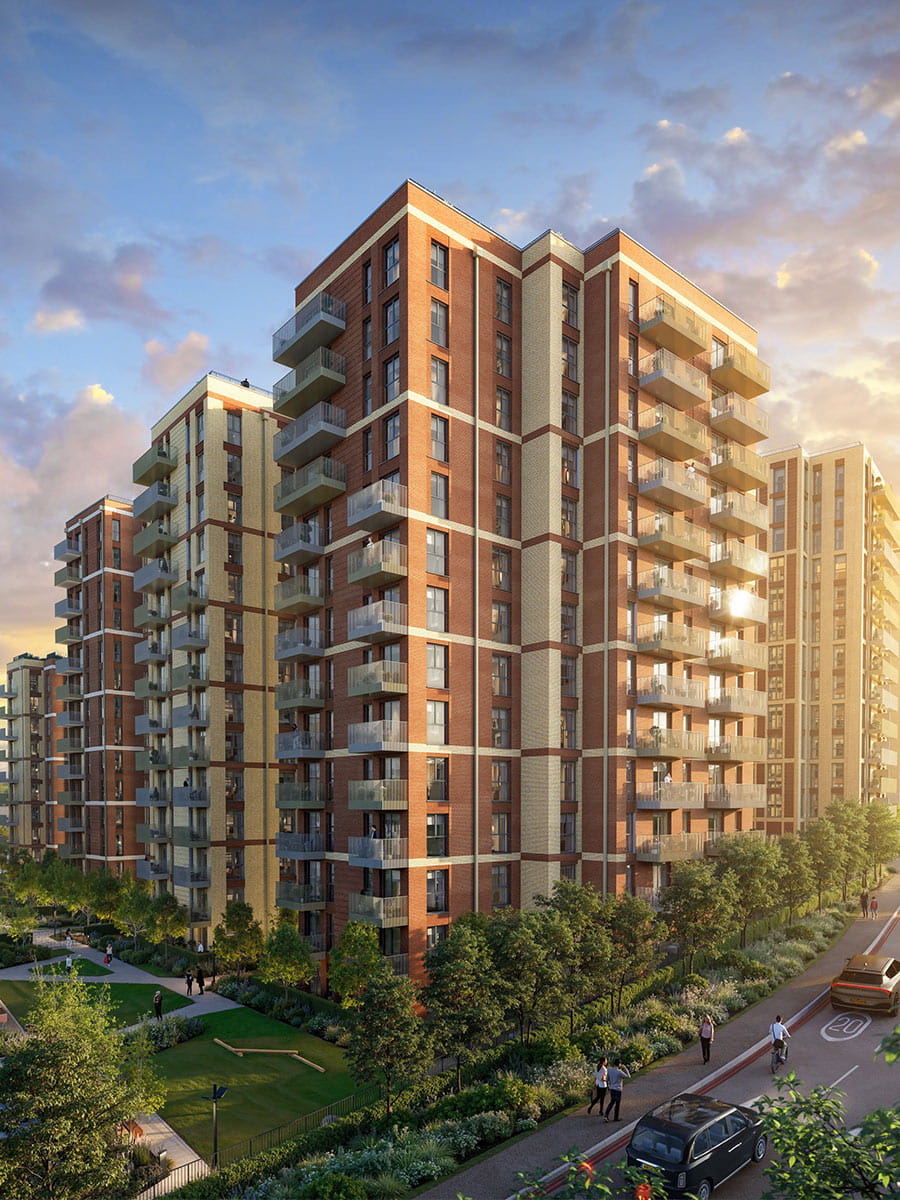 An exterior CGI of The Kensington at Sutton Garden Square