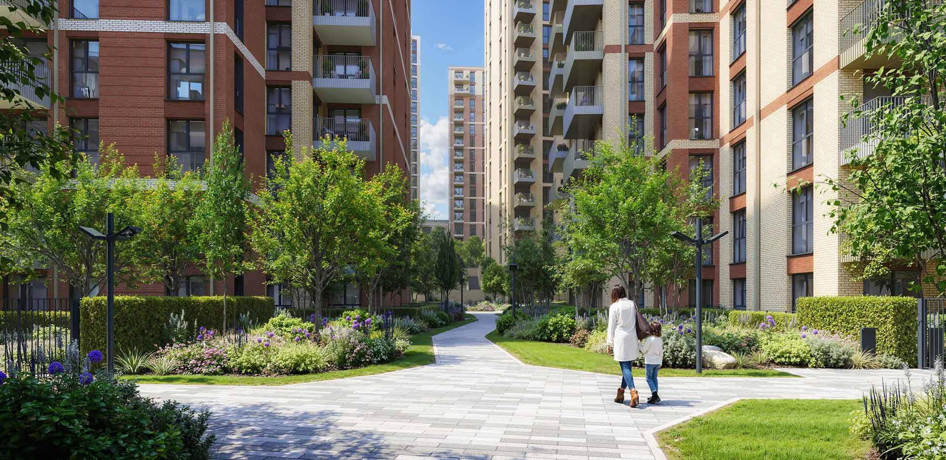 An exterior CGI of the courtyard at The Kensington