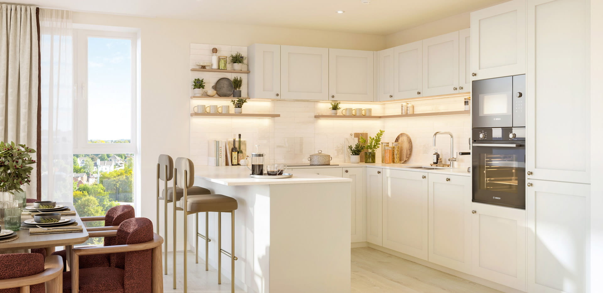 CGI of brightly lit kitchen and dining space.