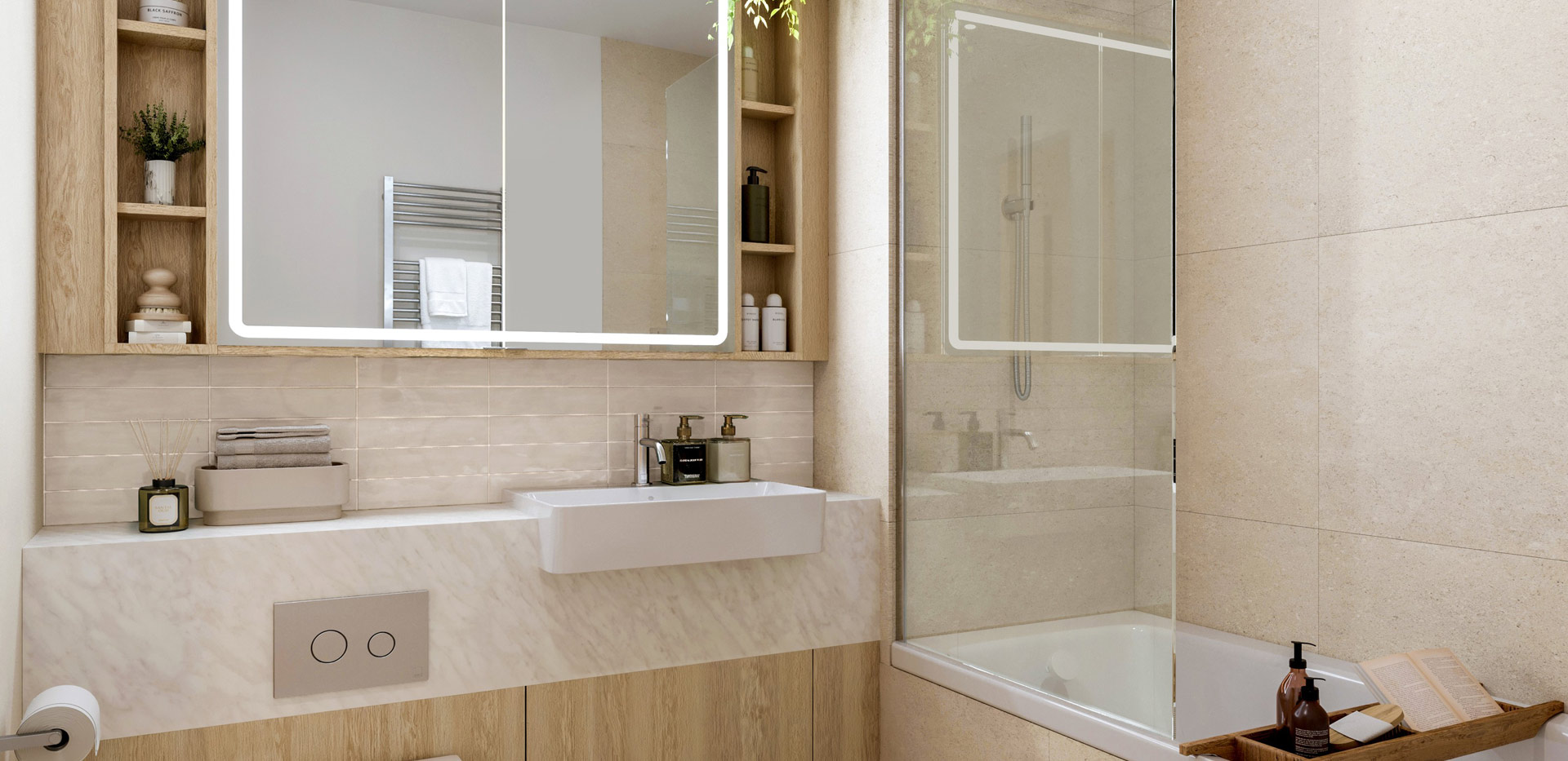 Shower over bath, wash basin, cabinet mirror, in shades of beige and brown.