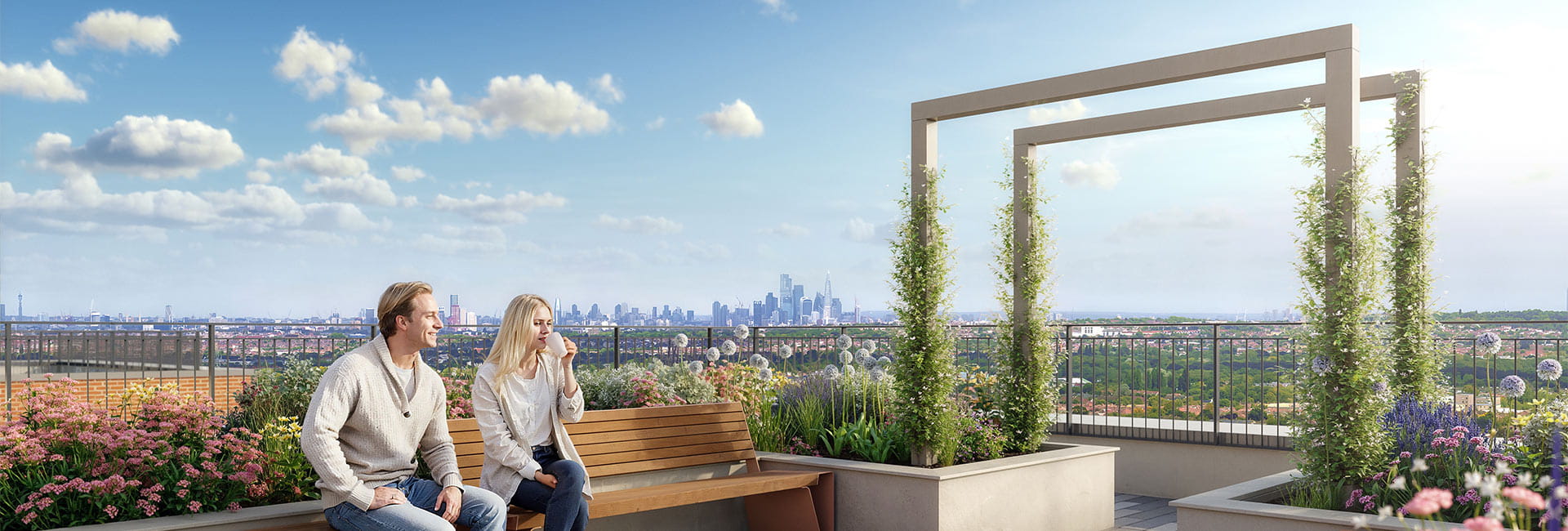 CGI of two people sitting on a bench rooftop terrace, looking out along skyline view