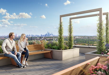 CGI of two people sitting on a bench rooftop terrace, looking out along skyline view