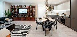 Living and dining area with black and white decor