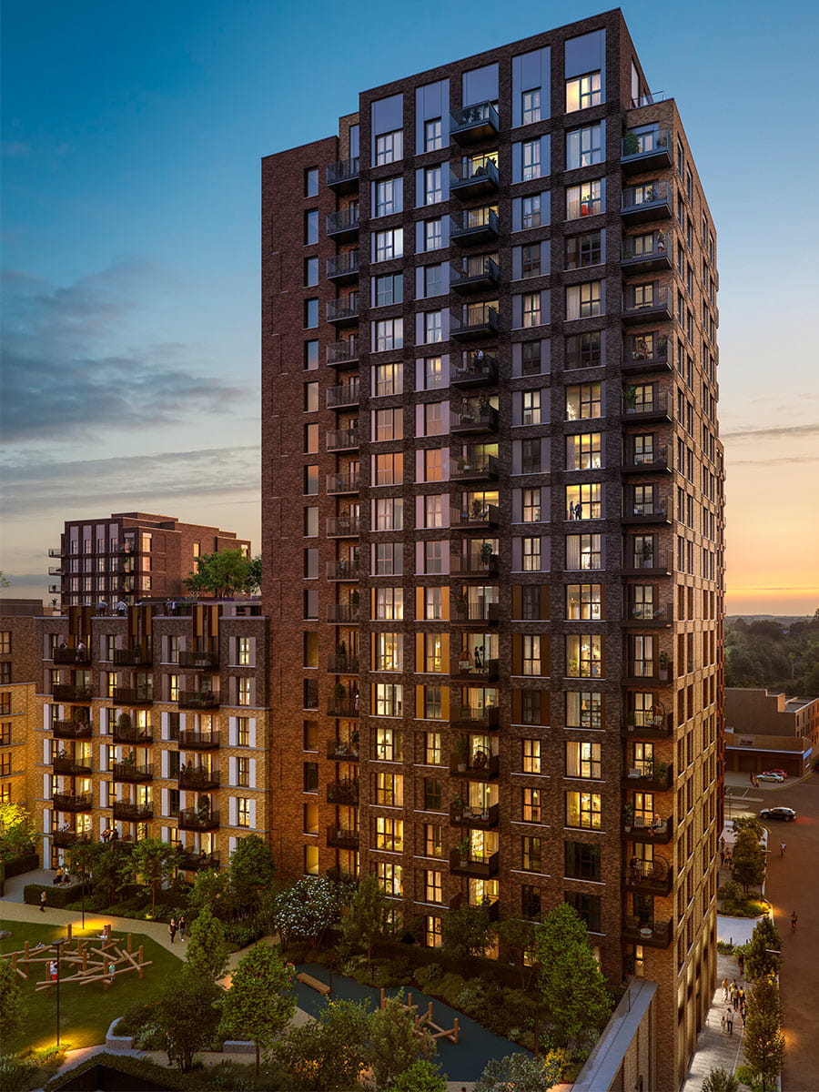 An exterior CGI of Dart House showing the courtyard at dusk