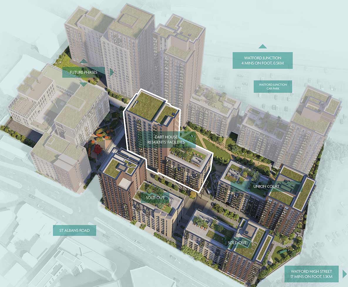 An exterior image of The Exchange development with labels