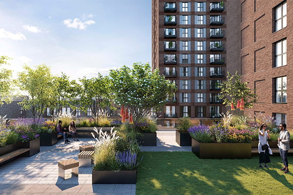 A CGI image of a roof terrace at The Exchange Watford