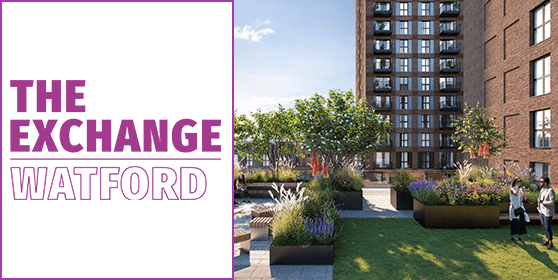 A CGI image of a roof terrace at The Exchange Watford 
