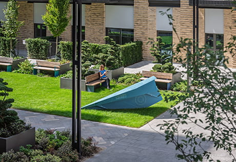 An exterior photograph of the green space outside of Union Court