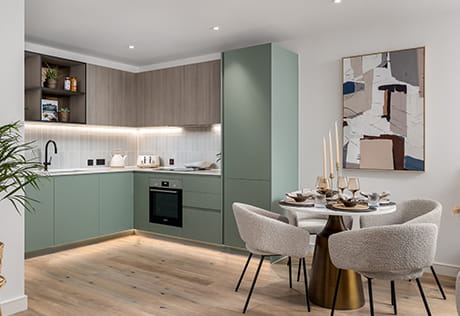 The Green Quarter kitchen and dining area with a teal design