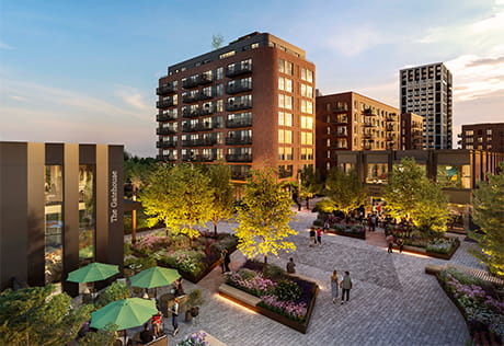 CGI of The Green Quarter Development buildings exterior façade and surrounding landscaped courtyard. 