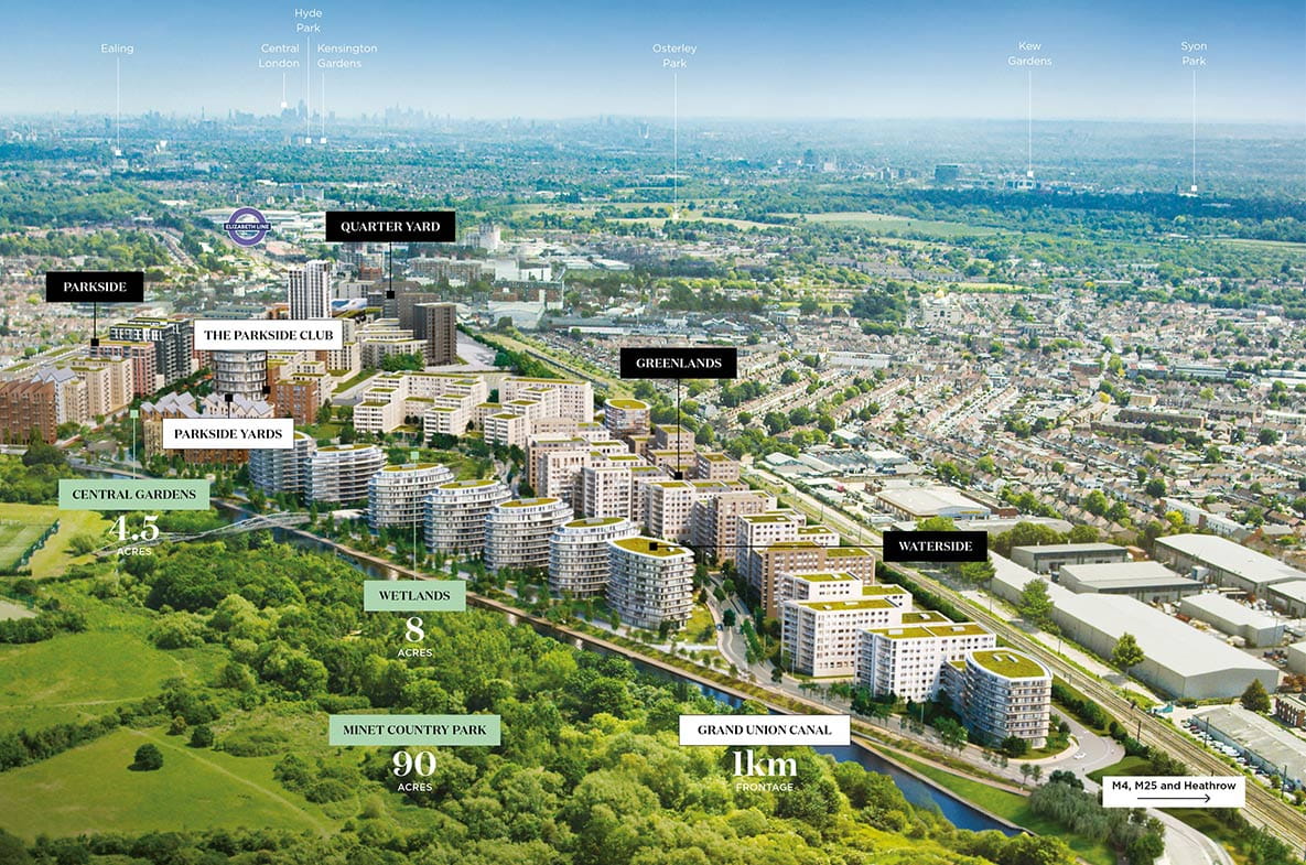 A wide site plan view of The Green Quarter against the London background