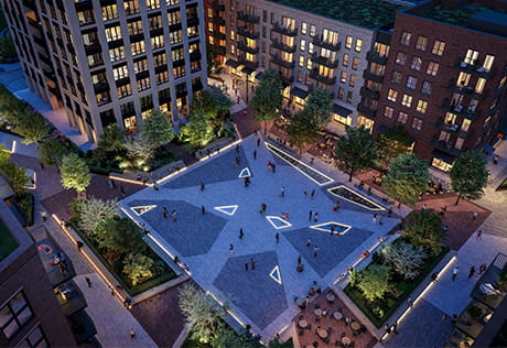 A night time CGI of a courtyard at The Green Quarter