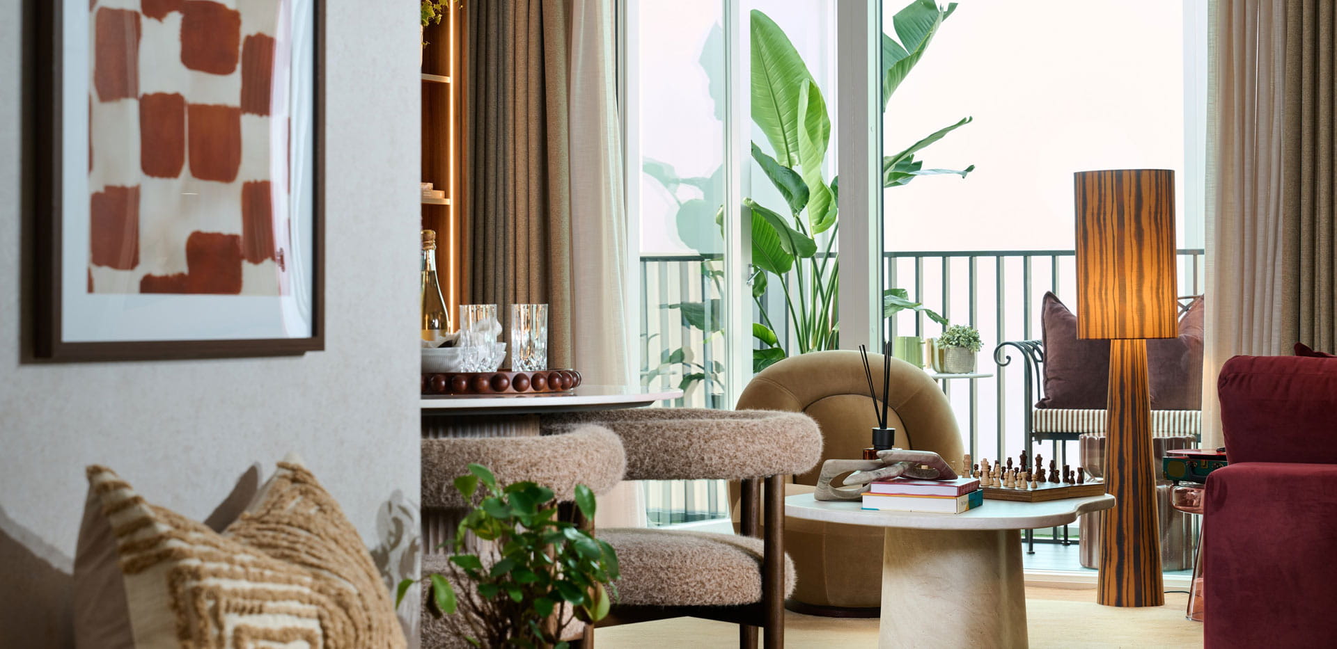 Closeup of living space decorations and dining table
