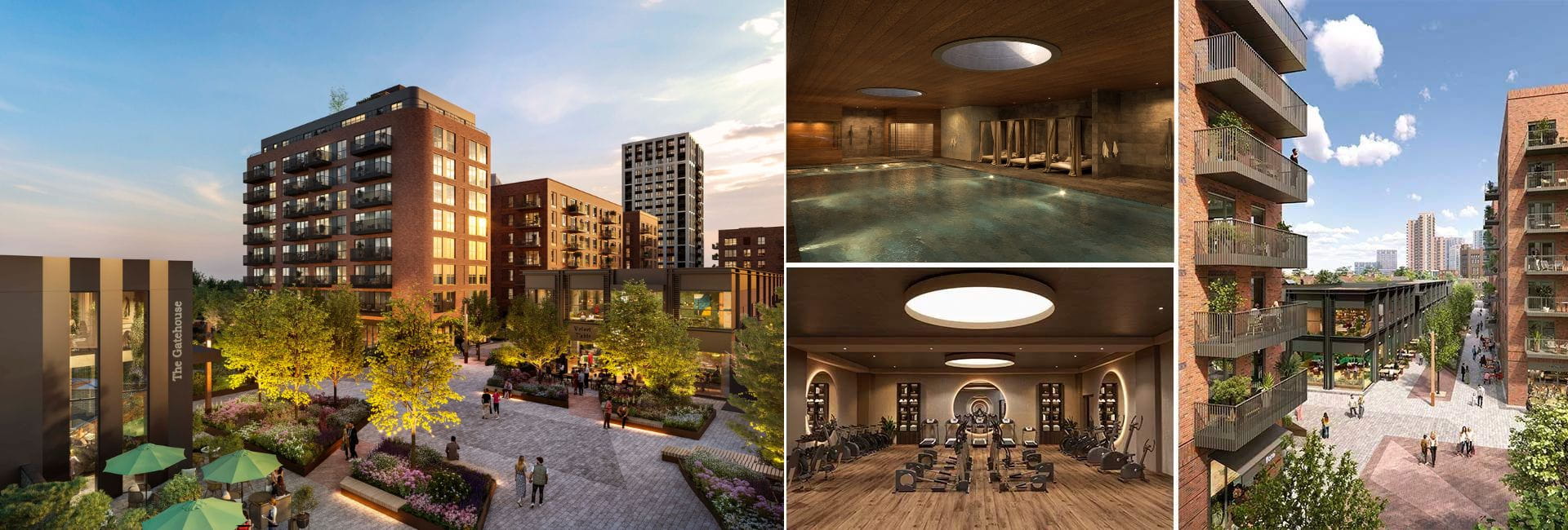Montage of CGIs of Green Quarter development: exterior façades and courtyard, private pool and gym